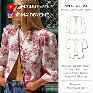 Piper Blouse – Puff Sleeve Top Digital Sewing Pattern | A4 Printable PDF + Video Tutorial | Beginner-Friendly