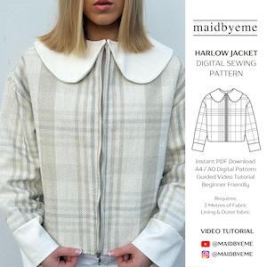 May include: A light-colored jacket with a large white collar and cuffs, featuring a plaid pattern. The jacket has a full-length zipper and is part of the "HARLOW JACKET DIGITAL SEWING PATTERN" by maidbyeme. The pattern is beginner-friendly and requires 2 meters of fabric.