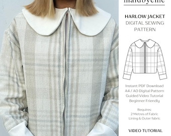 Puede incluir: Chaqueta beige a cuadros con cuello y puños blancos. La imagen muestra el "HARLOW JACKET DIGITAL SEWING PATTERN" de maidbyeme. El patrón es para una chaqueta y requiere 2 metros de tela. El patrón es apto para principiantes.