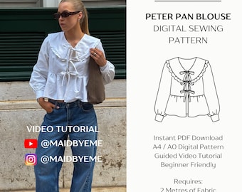 Patrón de costura para blusa Peter Pan – Cuello con volantes y lazo (PDF A4/A0 + vídeo)