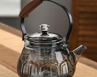 Wooden Handle Teapot | Smoky Gray Steamer/Boiler | Borosilicate Glass Teapot | Stove-Style Kettle | High-Temperature Resistant Flower Teapot