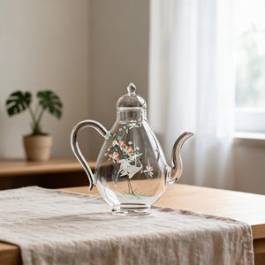 Tetera de vidrio pintada a mano con diseño floral de pájaros, tetera de borosilicato resistente al calor, elegante tetera para té de hojas sueltas, regalo único