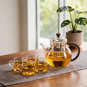 Könnte beinhalten: Eine Teekanne aus klarem Glas mit einem dunkelbraunen geflochtenen Griff und einem hölzernen Deckelknopf, gefüllt mit bernsteinfarbenem Tee. Drei kleine, passende Tassen aus klarem Glas stehen davor, ebenfalls mit bernsteinfarbenem Tee.