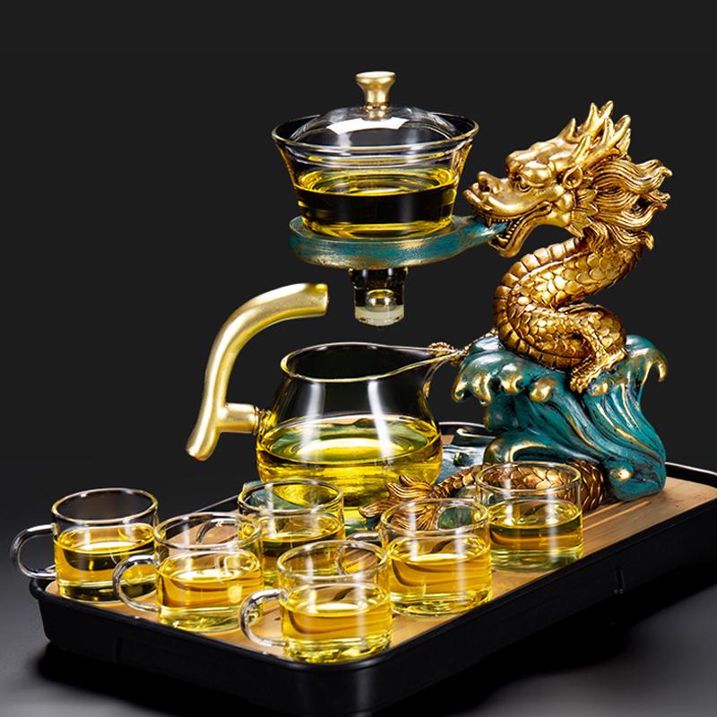 Maken Kungfu Theepot en Theekopje Set - Automatische Thee Set Met Hittebestendige Glazen Pot, Houder Base en Infusers