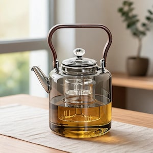 May include: A smoke-tinted glass teapot featuring a clear glass infuser insert, a silver-toned metal spout, and a dark brown arched handle. The lid is topped with a small, clear glass knob, and the base contains a golden-colored liquid.
