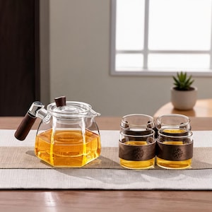 Puede incluir: Una tetera de cristal transparente con base hexagonal, un asa lateral de madera marrón oscura y una tapa a juego, acompañada de cuatro tazas pequeñas de cristal con fundas de madera marrón oscura con patrones circulares, llenas de té ámbar.