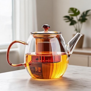May include: A clear glass teapot featuring a rounded body and a matching amber-colored glass lid with a small knob handle. The teapot includes an integrated amber glass infuser basket and a curved handle, filled with a golden-colored liquid tea.