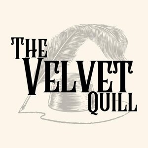 May include: A vintage-style logo with the words "THE VELVET QUILL" in bold black letters. The design includes a detailed illustration of a quill pen, inkwell, and feather, all in shades of gray, set against a cream background.