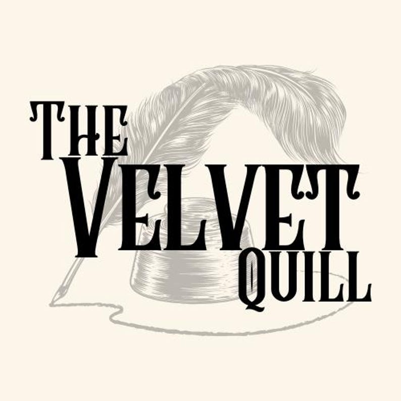 May include: A vintage-style logo with the words "THE VELVET QUILL" in bold black letters. The design includes a detailed illustration of a quill pen, inkwell, and feather, all in shades of gray, set against a cream background.
