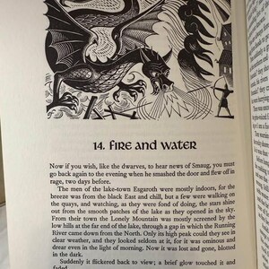 May include: Black and white illustration from a book depicting a dragon breathing fire at an archer. The dragon has large wings and a menacing expression. The text "14. FIRE AND WATER" is above the illustration.