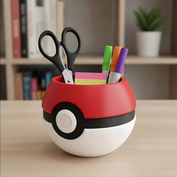 Portalápices personalizable con forma de Pokébola: divertido organizador de escritorio impreso en 3D.