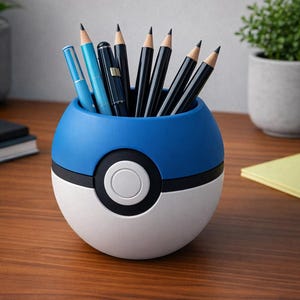 May include: A blue, white, and black desk organizer shaped like a Poké Ball, holding pens and pencils. The organizer is on a wooden desk, with a small plant in the background. The organizer is approximately 4 inches in diameter.