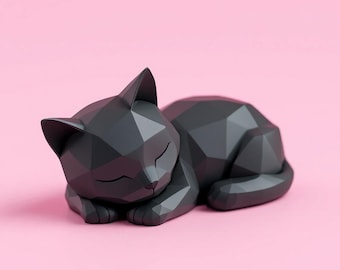 Sleeping Kitten Statue – Low-Poly 3D Printed Cat Sculpture – Cute Minimalist Animal Decor