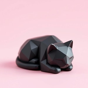 3D Printed Waiting Cat Figurine: Minimalist Low-Poly Sculpture