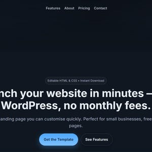 Könnte beinhalten: Dunkelblaues Website-Landingpage-Template mit weißem Text. Der Text lautet: „Starten Sie Ihre Website in Minuten – kein WordPress, keine monatlichen Gebühren.“ Enthält Schaltflächen mit der Aufschrift „Vorlage abrufen“ und „Funktionen anzeigen“.