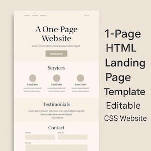 Może przedstawiać: Szablon strony internetowej z jedną stroną z tekstem "A One-Page Website" w kroju pisma szeryfowego. Projekt zawiera sekcje dla usług, referencji i danych kontaktowych. Po prawej stronie znajduje się tekst "1-Page HTML Landing Page Template Editable CSS Website."