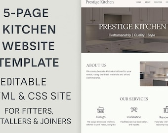 May include: A website template for kitchen fitters, installers, and joiners. The design features a clean layout with the text "Prestige Kitchen" and the tagline "Craftsmanship | Quality | Style." The template includes a 5-page design, is editable, and available for digital download.