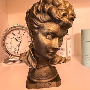 May include: A bronze-colored bust of a woman with the name "LUCY" at the base. The sculpture has detailed facial features and curly hair. A silver clock with Roman numerals and a white face is in the background.