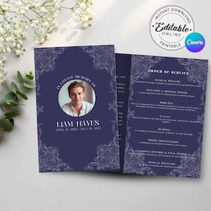 May include: A navy blue memorial program with a photo of Liam Hayes, framed by an ornate white floral design. The text reads "In Loving Memory Of" and includes the dates April 15, 2002 - July 01, 2025. The program also includes the order of service.