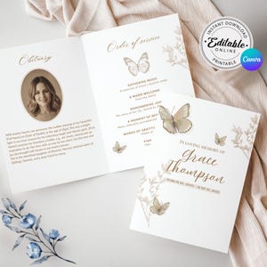 Op de afbeelding: Een herdenkingsdienstprogramma met een foto, vlinderillustraties en tekst. Het programma bevat de overlijdensadvertentie, de volgorde van de dienst en details voor Grace Thompson, 10 maart 2001 - 15 juni 2025.