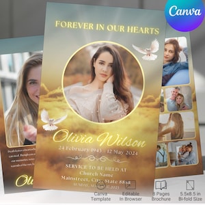 Gold Funeral Program Template Canva | 8 Page Elegant Memorial Booklet for Celebration of Life | Order of Service