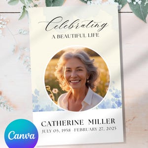 Purple Floral Funeral Program Template Canva | 4 Page Watercolor Memorial Program | Celebration of Life, Order of Service