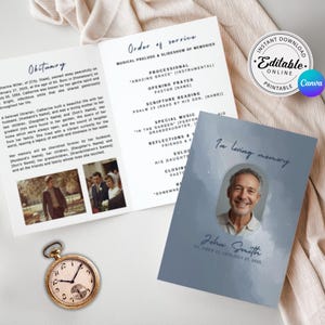 May include: A memorial service program with a photo of a man, the text "In loving memory", and the name John Smith. The program also includes an obituary and order of service. A gold pocket watch is in the foreground.
