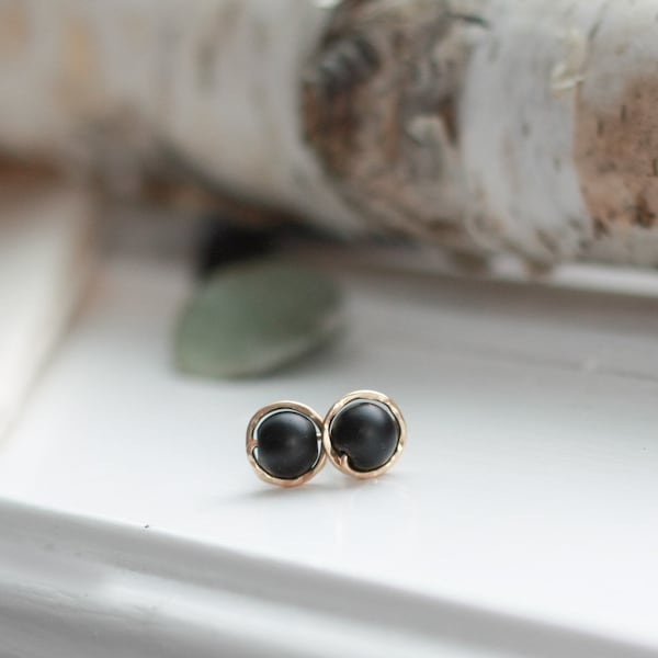 Black Onyx Stud Earrings,  Boucles d'Oreilles, Gold Filled Studs, Matte Black Minimalist Earrings, Contemporary Jewelry Gift for Her