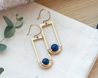 Lapis Lazuli Earrings Earrings, Art Deco Earrings, Brass and Gemstone Earrings, Boucles d&#39;Oreilles, Unique Gift for Her, Mothers Day Gift