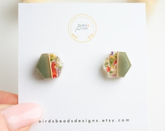 Resin Flower Stud Earrings: Handmade Geometric Jewelry, Hypoallergenic Option