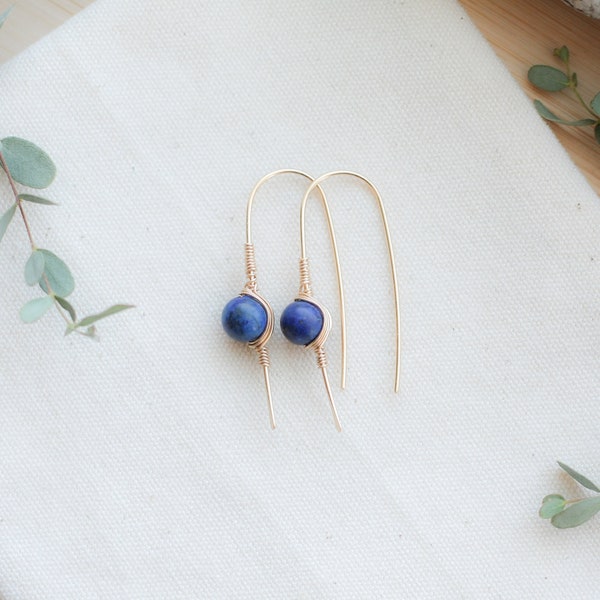 Lapis Lazuli Threader Earrings, Gold Filled Modern Minimalist Jewelry, Open Hoop Earrings, Boucles d'Oreilles, Unique Gift for Her