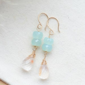 14k Gold Filled Gemstone Dangle Earrings: Chalcedony & Himalayan Quartz