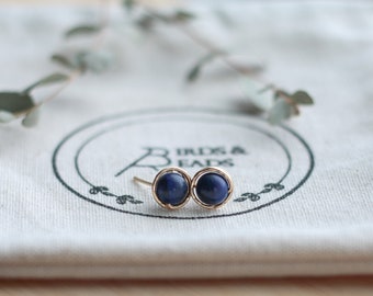 Gold and Gemstone Stud Earrings, Lapis Lazuli Studs, Everyday Minimalist Jewelry,  Boucles d'Oreilles, Blue Studs, Birthday Gift for Her