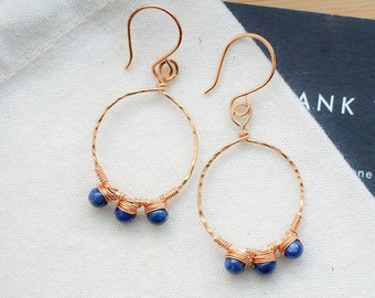 Handmade Brass Hoop Earrings: Sodalite Gemstone Dangles