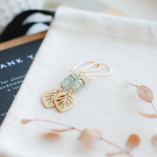 Aquamarine Dangle Earrings, Luxe Gemstone Earrings, Brass and Gemstone Earrings, Boucles d'Oreilles, Unique Gift for Her, Canadian Shop