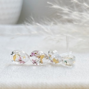 Dried Flower Earrings, Real Flower Studs, Hypoallergenic Metal Free Earrings for Sensitive Ears, Plastic Post Earrings, Resin Jewelry