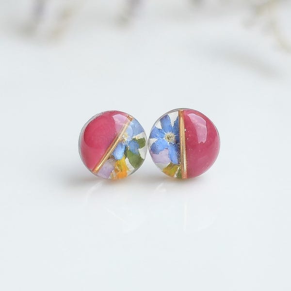 Pressed Flower Stud Earrings: Gold Leaf Resin Jewelry