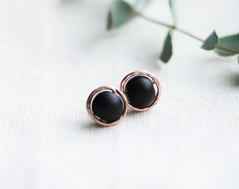 Rose Gold Stud Earrings, Black Onyx Stud Earrings, Minimalist Earrings, Unique Modern Studs  Boucles d'Oreilles, Handmade Jewelry