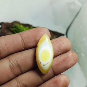 Op de afbeelding: Een gepolijste, ovaalvormige edelsteen met een gele kern, omringd door een witte en lichtbruine band. De edelsteen wordt in een hand gehouden, waardoor het gladde, glanzende oppervlak wordt benadrukt. De vorm van de steen lijkt op een oog.