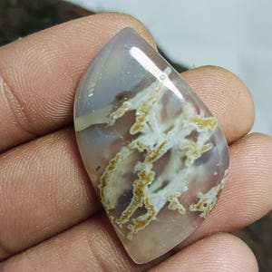 Puede incluir: Una piedra preciosa pulida en forma de lágrima, con una base translúcida de color lavanda pálido. La piedra presenta intrincados patrones ramificados en tonos crema y dorado, que se asemejan a un paisaje natural. La piedra preciosa se sostiene en una mano.