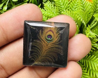 Edelsteen cabochon met pauwenveermotief, unieke steen voor het maken van sieraden, handgemaakte vierkante edelsteen voor hanger, gewicht 48 karaat, afmetingen 29x29x8 mm, G#3