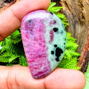 Può includere: Una gemma lucidata con una vibrante tavolozza di colori. La pietra presenta un contrasto sorprendente tra tonalità rosa intenso e verde chiaro, punteggiate da inclusioni nere. La forma liscia e arrotondata della pietra è tenuta in mano.