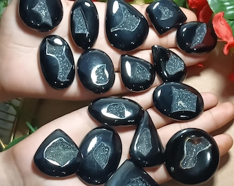 Natural Black Druzy Cabochon Lot – Sparkling Crystal Quartz, Mixed Shapes & Sizes, Jewelry Making Supply, Wholesale Gemstone Parcel