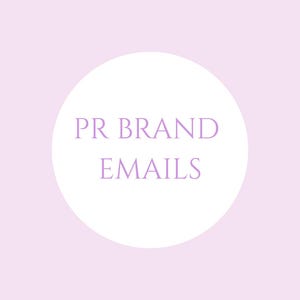 May include: A light purple background with a white circle in the center. The words "PR BRAND EMAILS" are written in a matching light purple color inside the circle. The overall design is simple and clean.