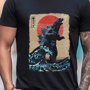 Retro Japanese Wave Godzilla Graphic Tee,Vintage Monster Wave Sweatshirt,Epic Japanese Kaiju Wave Shirt,  Retro Style Godzilla Wave Shirt