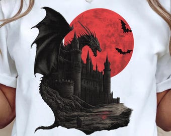 Gothic Dragon T-Shirt: Dark Castle Red Moon Fantasy Tee