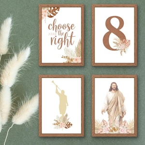 May include: Four framed art prints with a neutral color palette. One print reads "choose the right." Another features the number 8. The other two prints depict religious figures. All prints have floral and botanical accents.