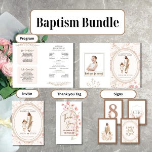 May include: A Baptism Bundle featuring programs, invitations, thank you tags, and signs. The program includes text and floral accents. Invitations and signs feature illustrations of Jesus with a child. The thank you tag has floral designs and the words "Thank You".