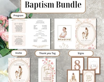 Paquete de bautismo para niñas SUD: invitación, programa, etiquetas de agradecimiento, letreros y plantillas editables de Canva.