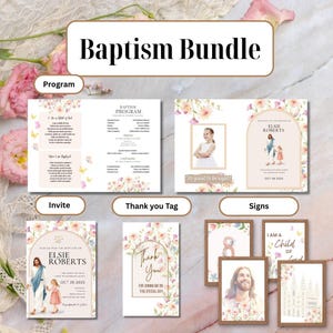 Pode incluir: Um pacote de batismo com programas, convites, cartões de agradecimento e sinais. Os designs incluem detalhes florais e o texto "Baptism Bundle", "Elsie Roberts" e "Thank You". Os sinais incluem imagens de Jesus e um templo.